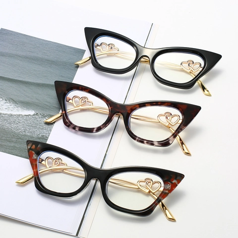 Fashion Cat Eye Eyeglasses Frames For Women Anti Blue Light PC Frame Double Heart Metal Temples Retro Style