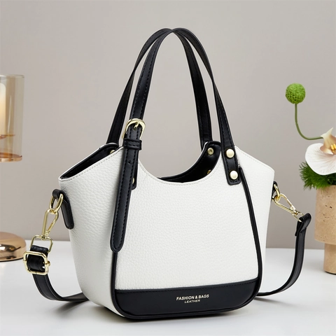 Borsa A Mano Donna Pelle PU Trama Litchi Colore A Contrasto Borsa A Tracolla Cinghia Regolabile Dettagli Dorati Moda