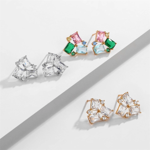 Geometrische Zirkoon Oorknopjes Met Koperen Oorsteker Elegante Mode Light Luxury Dames Ingelegde Sieraden