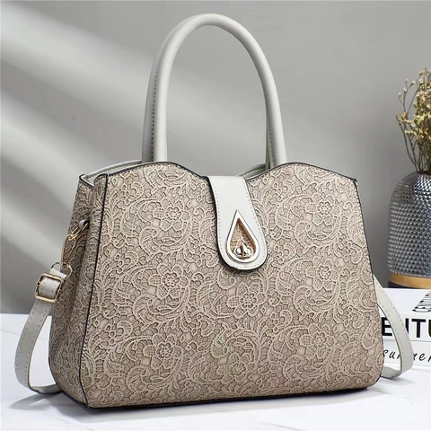 Women Handbag PU Leather Lace Textured Large Capacity Top Handle Shoulder Crossbody Bag With Metal Lock Business Commute