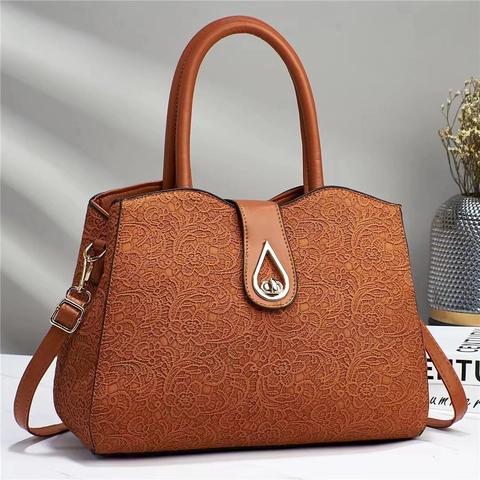 Women Handbag PU Leather Lace Textured Large Capacity Top Handle Shoulder Crossbody Bag With Metal Lock Business Commute