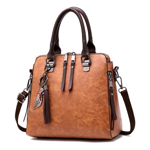 Borsa A Mano Donna Retrò Pelle PU Motivo Litchi Borsa A Tracolla Con Ciondolo Gatto E Nappa
