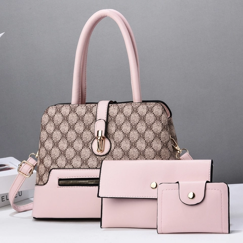 Vintage Monogram PU Leather Handbag Wallet And Card Holder Set For Women Contrast Color Top Handle Tote Shoulder Bag