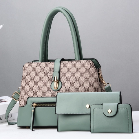 Vintage Monogram PU Leather Handbag Wallet And Card Holder Set For Women Contrast Color Top Handle Tote Shoulder Bag