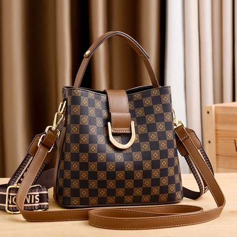 Retro Geblokte Emmer Tas Dames PU Leer Grote Capaciteit Schoudertas Brede Stoffen Band