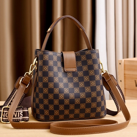 Retro Geblokte Emmer Tas Dames PU Leer Grote Capaciteit Schoudertas Brede Stoffen Band