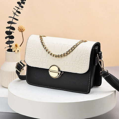 Bolso De Hombro Para Mujer Bloque De Color Patrón Cocodrilo Cuero PU Bolso Bandolera Con Solapa Cadena Dorada Y Cierre