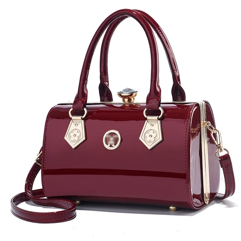 Damen Retro Lackleder Handtasche Elegante Zylindrische Abendtasche Mit Kristallschnalle Gold Blumen Nieten Umhängetasche