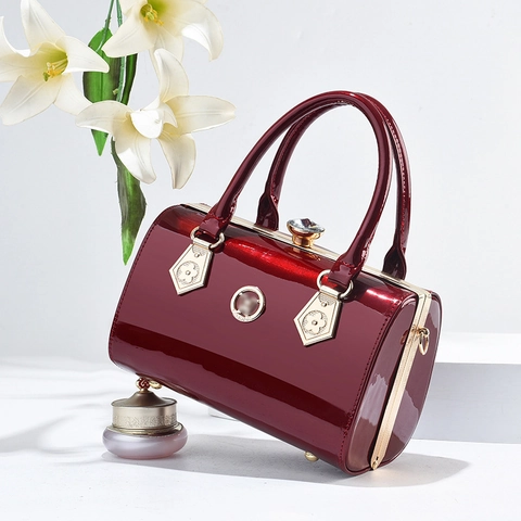 Damen Retro Lackleder Handtasche Elegante Zylindrische Abendtasche Mit Kristallschnalle Gold Blumen Nieten Umhängetasche