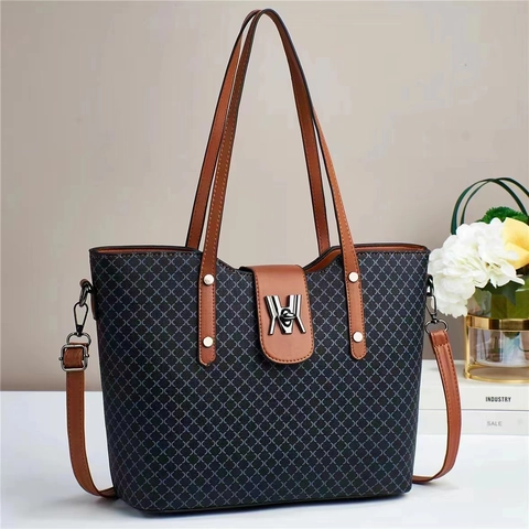 Women Geometric Print Tote Bag PU Leather Large Capacity Handbag With Contrast Color Metal Lock For Casual Commute