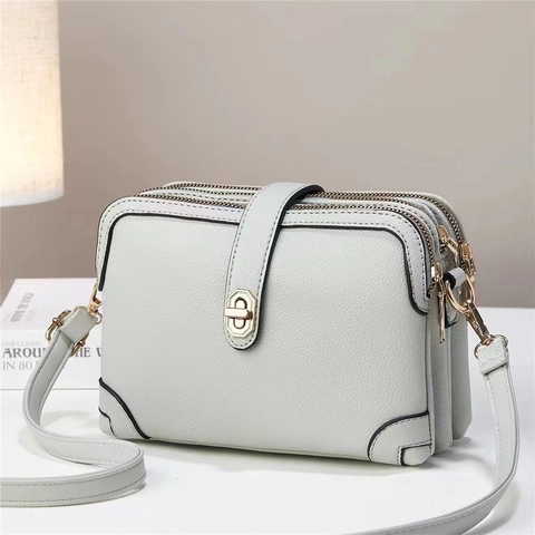 Women Litchi Grain PU Leather Crossbody Bag Multi Layer Three Zipper Compartments Small Square Bag Twist Lock Elegant