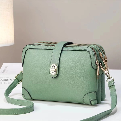 Women Litchi Grain PU Leather Crossbody Bag Multi Layer Three Zipper Compartments Small Square Bag Twist Lock Elegant