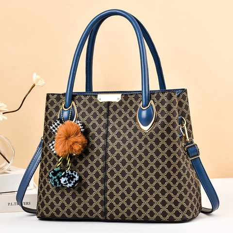 Geometric Print PU Leather Tote Bag Large Capacity Crossbody Handbag With Plush Ball Charm For Women Elegant Retro