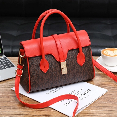 Women Vintage Monogram PU Leather Handbag With Metal Lock Contrast Color Top Handle And Adjustable Shoulder Strap