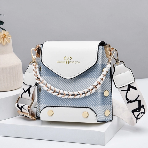 Women Fashion Mini Crossbody Phone Bag PU Leather Plaid Patchwork Square Shoulder Bag With Wide Letter Strap Chain Handle Rivet Decor