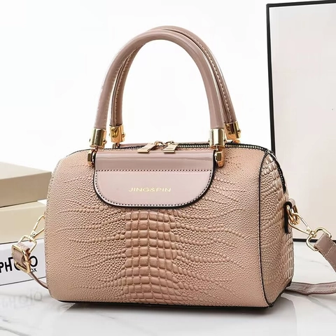 Damen Boston Handtasche Krokodilmuster PU Leder Gold Hardware Crossbody Umhängetasche Retro Mode Elegante Dame