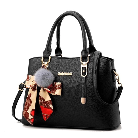 Elegant Women PU Leather Handbag Lychee Texture Large Capacity Shoulder Crossbody Bag With Scarf Fur Ball Pendant Ladies