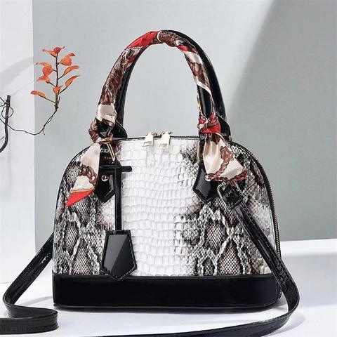 Women Shell Handbag PU Leather Crocodile Pattern Satin Scarf Decor Shoulder Crossbody Bag Large Capacity Urban Style