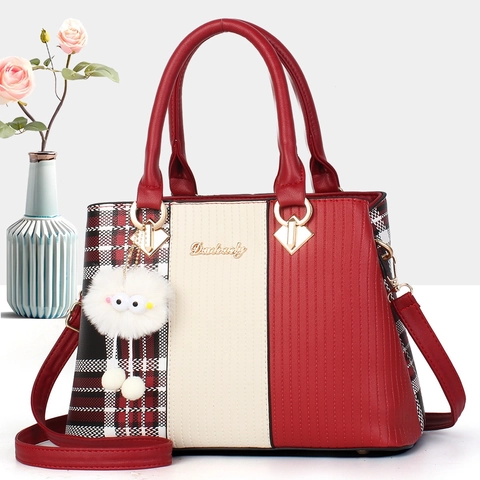 Bolso De Mano Para Mujer Cuero PU Patchwork Bloque De Color Gran Capacidad Cuadros Hombro Bolso Bandolera Encanto Monstruo Peluche