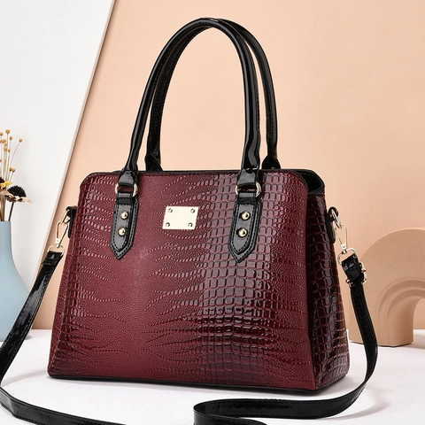 Women Elegant Crocodile Pattern PU Leather Handbag Large Capacity Tote Bag With Detachable Shoulder Strap Gold Hardware