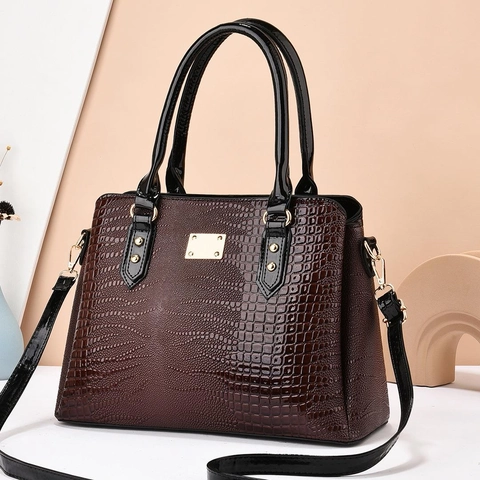 Women Elegant Crocodile Pattern PU Leather Handbag Large Capacity Tote Bag With Detachable Shoulder Strap Gold Hardware