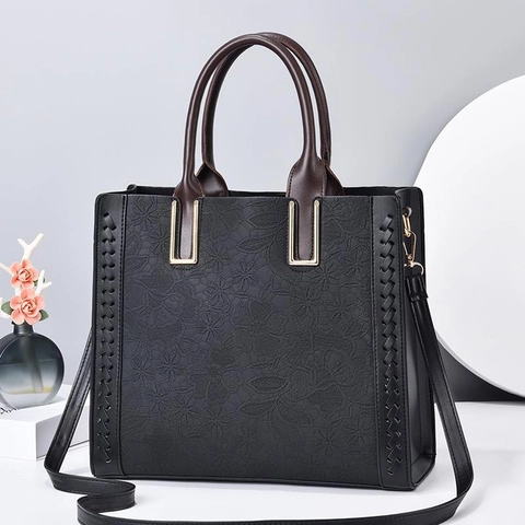 Women Shoulder Bag PU Leather Lace Embossed Floral Tote Handbag Large Capacity Multi Compartment Elegant Office Casual