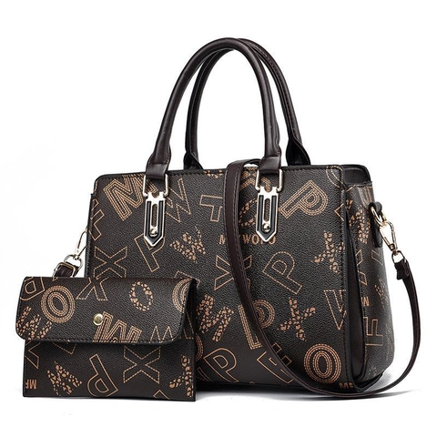 Women Monogram Letter Print Handbag And Wallet PU Leather Large Capacity Tote Bag With Removable Strap Shoulder Bag