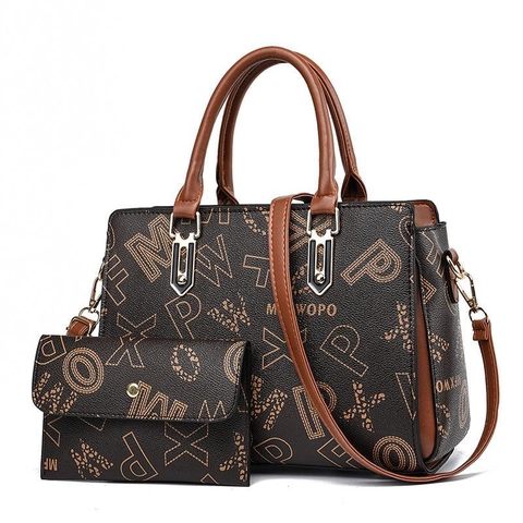Women Monogram Letter Print Handbag And Wallet PU Leather Large Capacity Tote Bag With Removable Strap Shoulder Bag