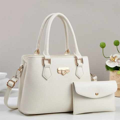 Women Handbag And Clutch PU Leather Litchi Pattern Minimalist Commuter Urban Elegant Detachable Shoulder Strap Metal Lock