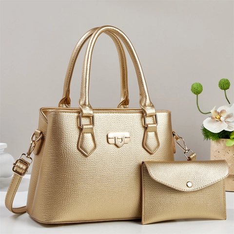 Women European Style PU Leather Handbag Set Litchi Texture Crossbody Shoulder Bag With Metal Lock Elegant Tote Bag And Pouch