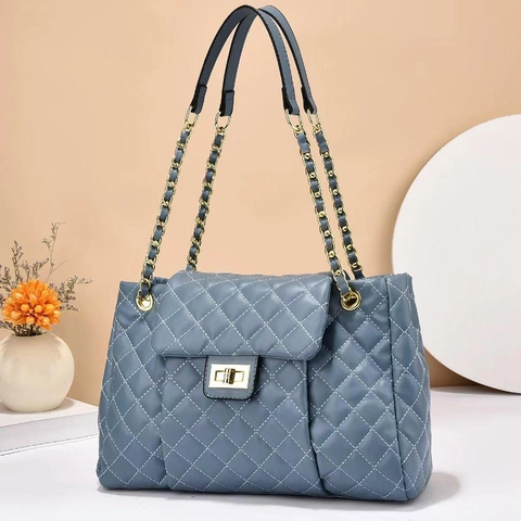 Women Quilted Rhombus Shoulder Bag PU Leather Large Capacity Gold Chain Strap Elegant Crossbody Handbag Chic