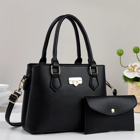 Women Handbag And Envelope Clutch Litchi Texture PU Leather Tote Shoulder Bag With Metal Lock Gold Hardware