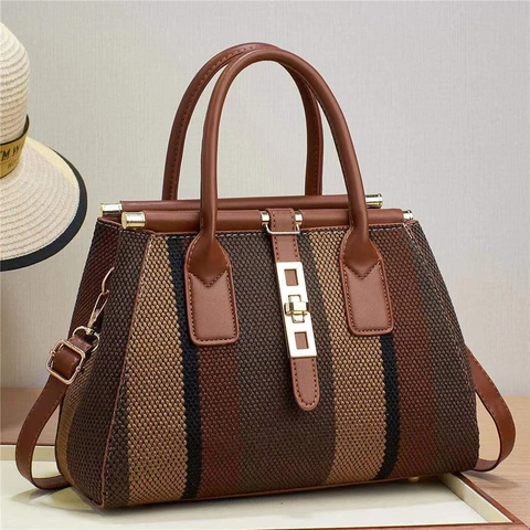 Borsa A Mano Intrecciata A Righe Retrò Pelle PU Colore A Contrasto Tote Con Fibbia In Metallo E Tracolla Rimovibile Donne