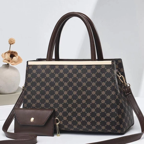 Women Retro PU Leather Geometric Print Handbag Large Capacity Tote Bag And Matching Small Pouch Crossbody Bag For Women
