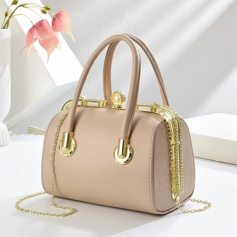 Retro Arzt Tasche PU Leder Künstliche Perle Verschluss Kette Riemen Umhängetasche Handtasche Abendparty Vintage Stil Frauen
