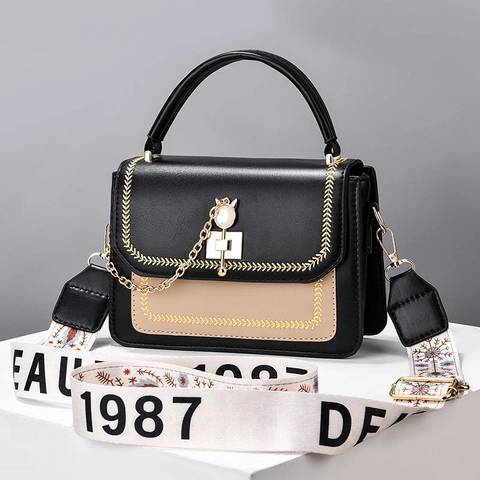 Patchwork PU Leather Crossbody Bag With Cat Metal Lock And Wide Embroidered Strap Fashionable Shoulder Handbag For Women