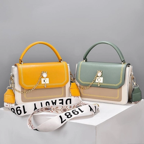Patchwork PU Leather Crossbody Bag With Cat Metal Lock And Wide Embroidered Strap Fashionable Shoulder Handbag For Women