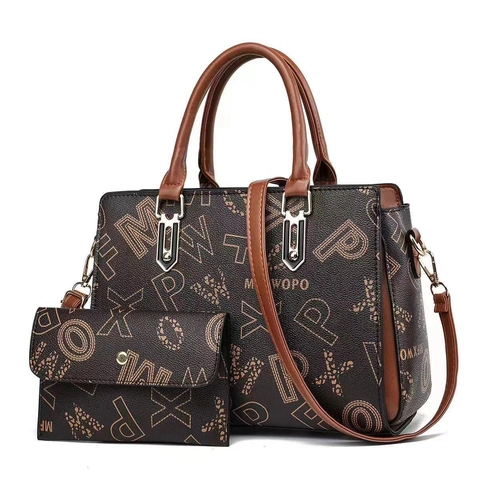 Women Handbag And Matching Wallet PU Leather Letter Print Large Capacity Top Handle Shoulder Bag Fashion Casual