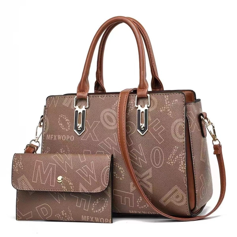 Women Handbag And Matching Wallet PU Leather Letter Print Large Capacity Top Handle Shoulder Bag Fashion Casual