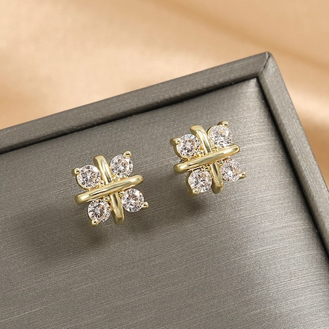 Brass Zircon Stud Earrings With 925 Sterling Silver Earring Post X Shape Cross Design Simple Fashion Jewelry For Women