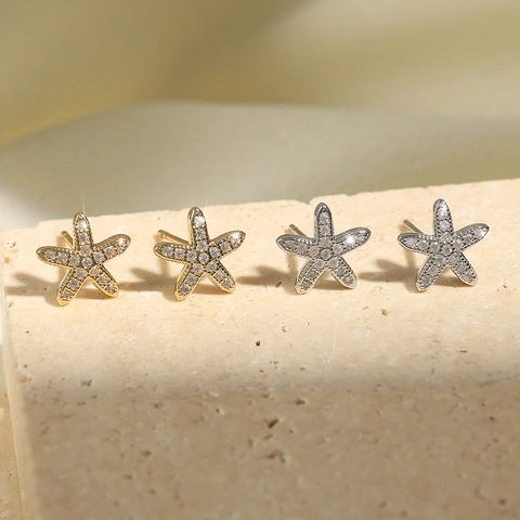 Shiny Copper Stud Earrings Micro Paved Zircon Sea Star Heart Key Infinity Leaf Shapes For Women Elegant Jewelry Accessory