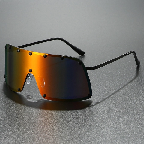 Gafas De Sol Escudo Extragrandes Montura Metálica Detalle Remache Protección UV400 Gafas Punk Futuristas Para Mujeres Hombres Unisex