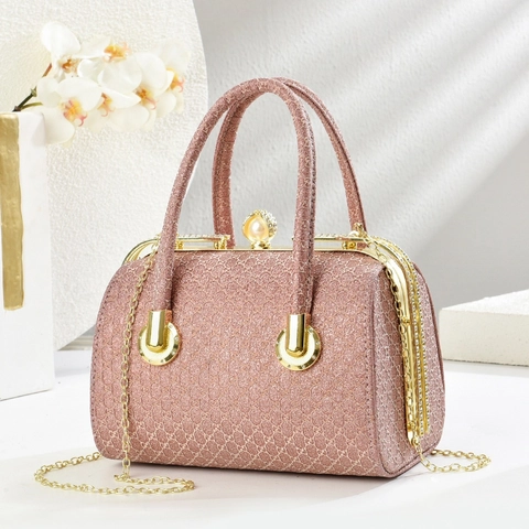 Bolso De Noche Con Lentejuelas Para Mujer De Cuero PU Con Relieve Asa Superior Cierre De Perla Artificial Cadena Desmontable Fiesta