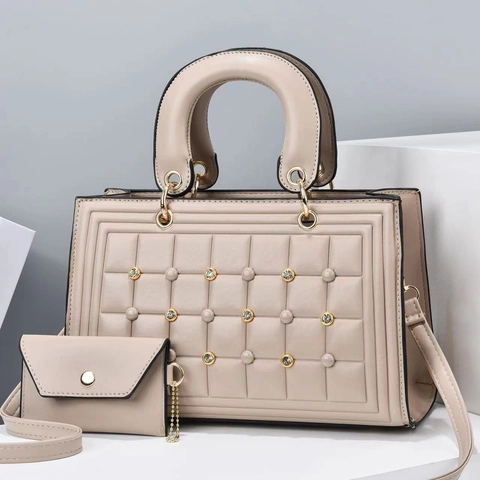 Women Handbag Set PU Leather Quilted Square Pattern Rhinestone Rivet Large Capacity Shoulder Crossbody Bag With Small Pouch