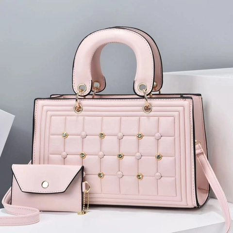 Women Handbag Set PU Leather Quilted Square Pattern Rhinestone Rivet Large Capacity Shoulder Crossbody Bag With Small Pouch