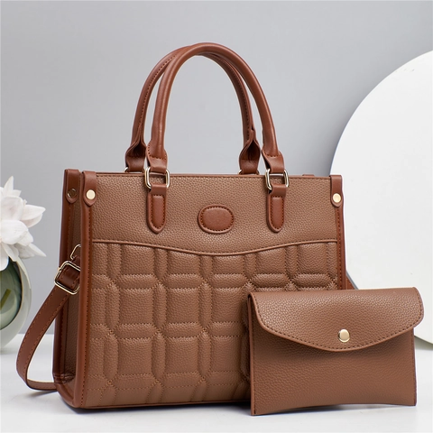 PU Leather Handbag Tote Quilted Square Pattern Large Capacity Structured Shoulder Bag And Matching Pouch For Women