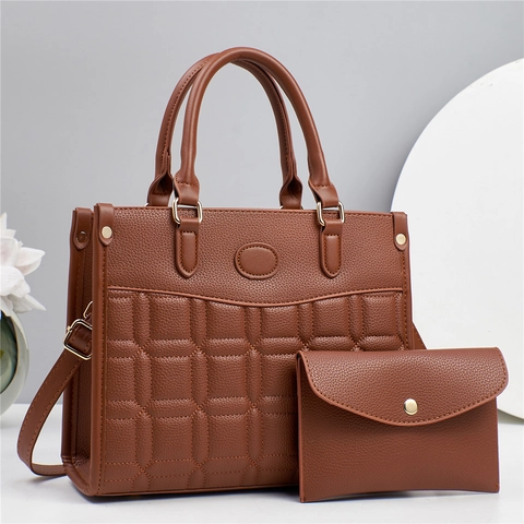 PU Leather Handbag Tote Quilted Square Pattern Large Capacity Structured Shoulder Bag And Matching Pouch For Women