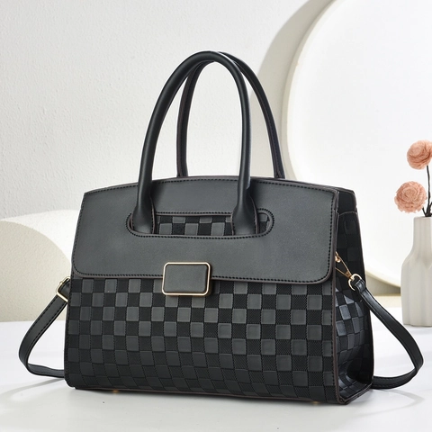 Women Handbag PU Leather Checkerboard Pattern Large Capacity Crossbody Shoulder Bag Elegant Tote For Travel