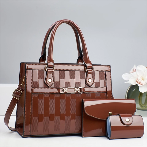 Borsa A Mano Pochette E Porta Carte Da Donna Pelle Verniciata PU Motivo A Quadri Catena In Metallo Elegante Urbano Versatile