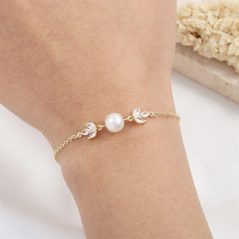 Bracciale Elegante Con Perla Artificial E Foglia Rame Zirconia Cubica Foglia Marquise Catena Estensione Regolabile Gioielli Donna